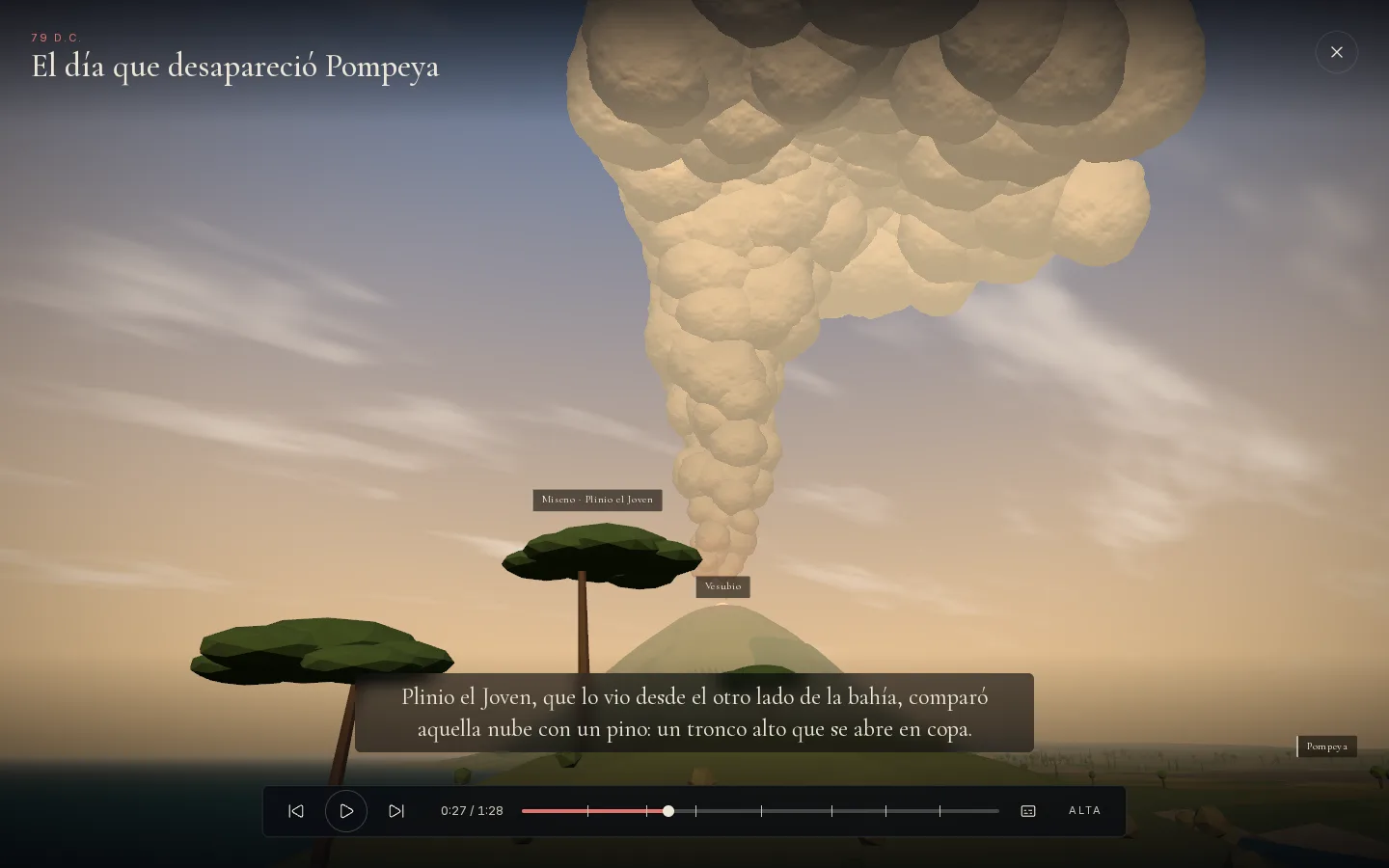 Escena animada de Pompeya: la columna eruptiva del Vesubio vista desde Miseno
